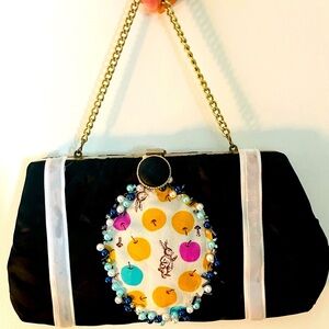 Black Handbag Handmade ooak Japanese rabbit mushroom fabric hand beaded